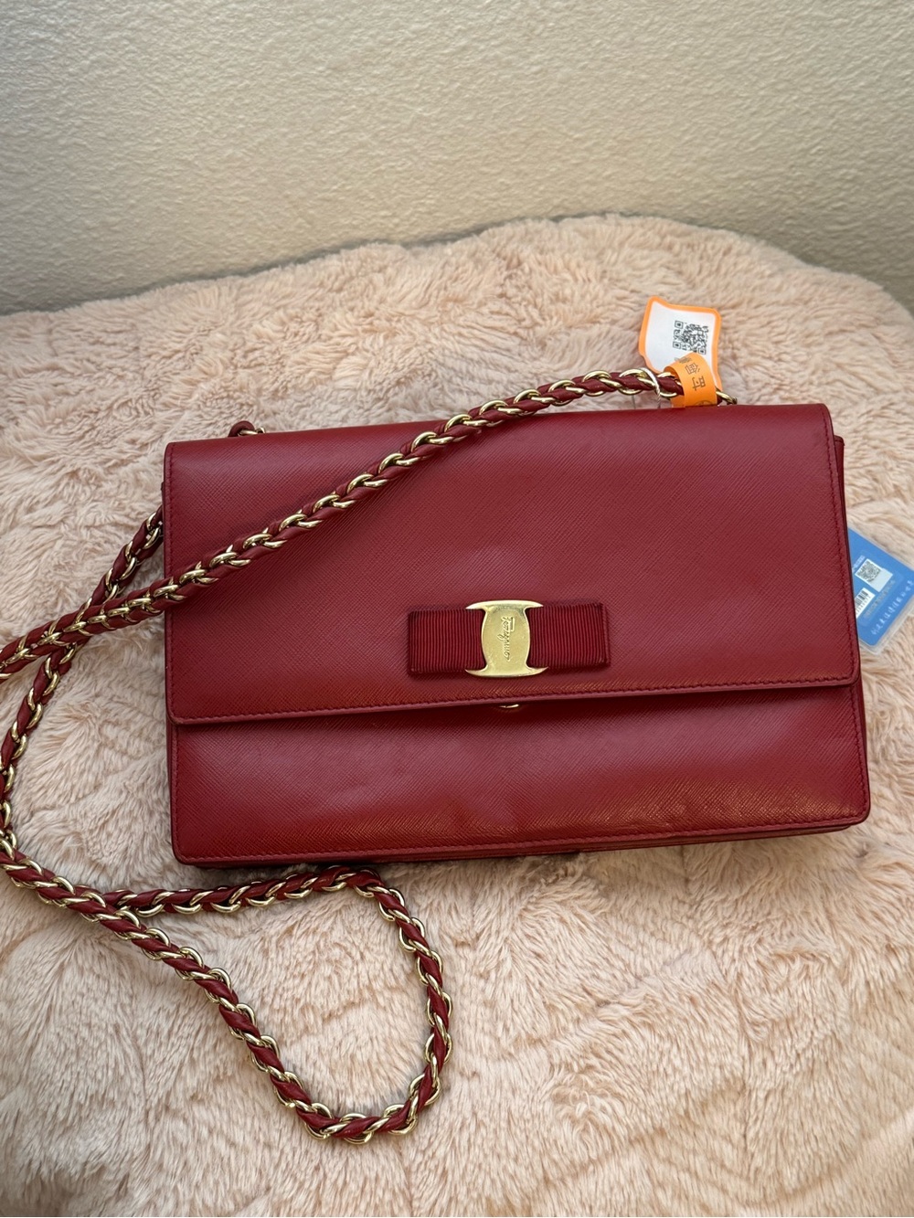 Salvatore Ferragamo Red Leather Vara Chain Crossbody